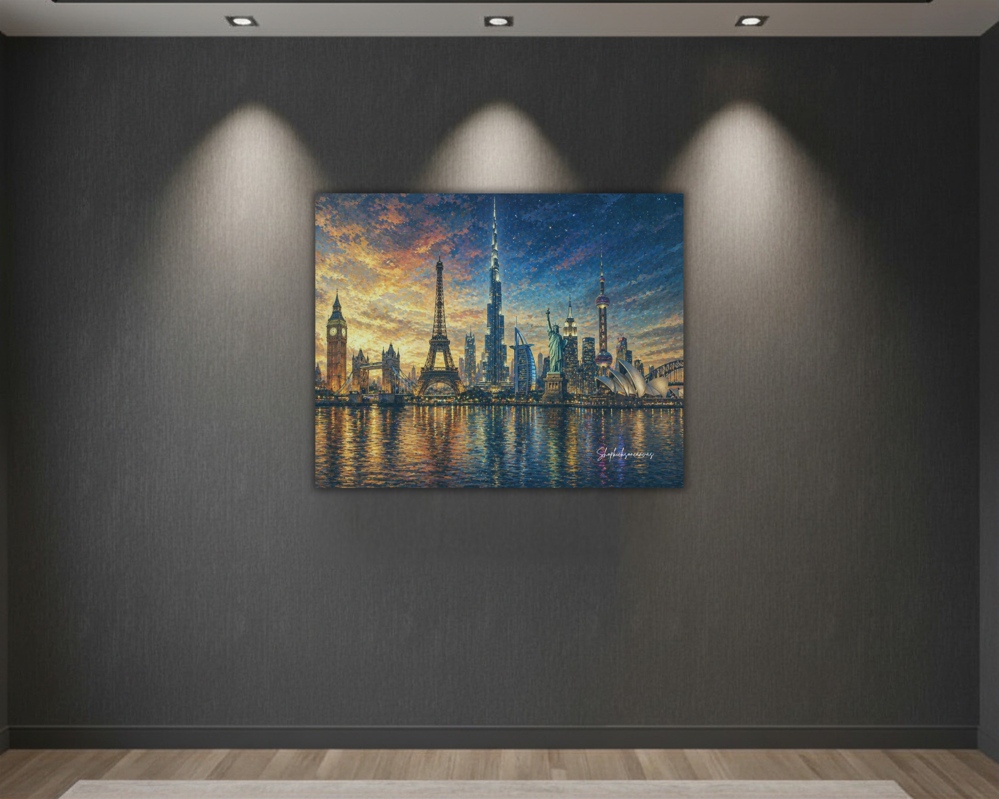 "Skyline Reflections: Golden Hour Canvas"