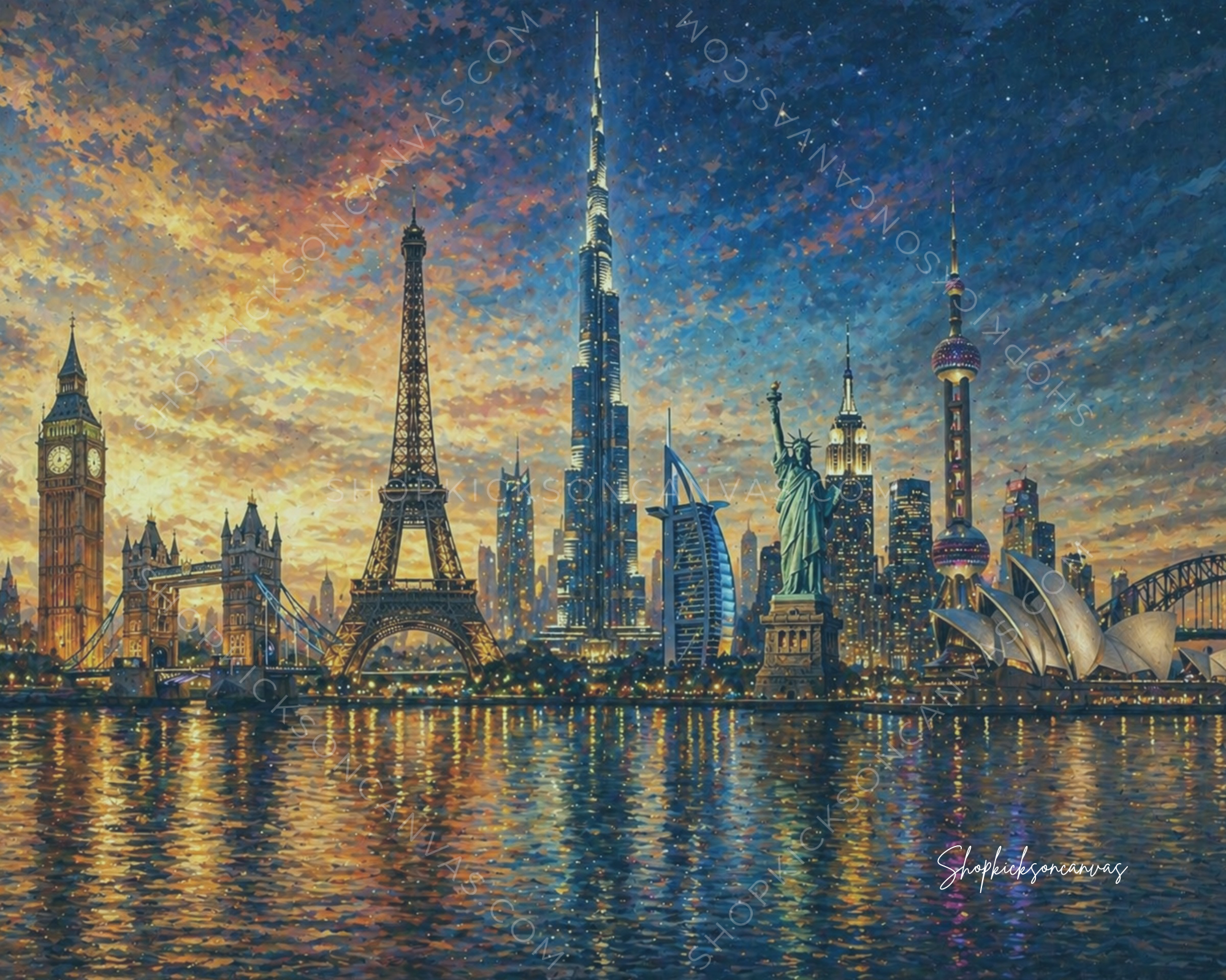 "Skyline Reflections: Golden Hour Canvas"